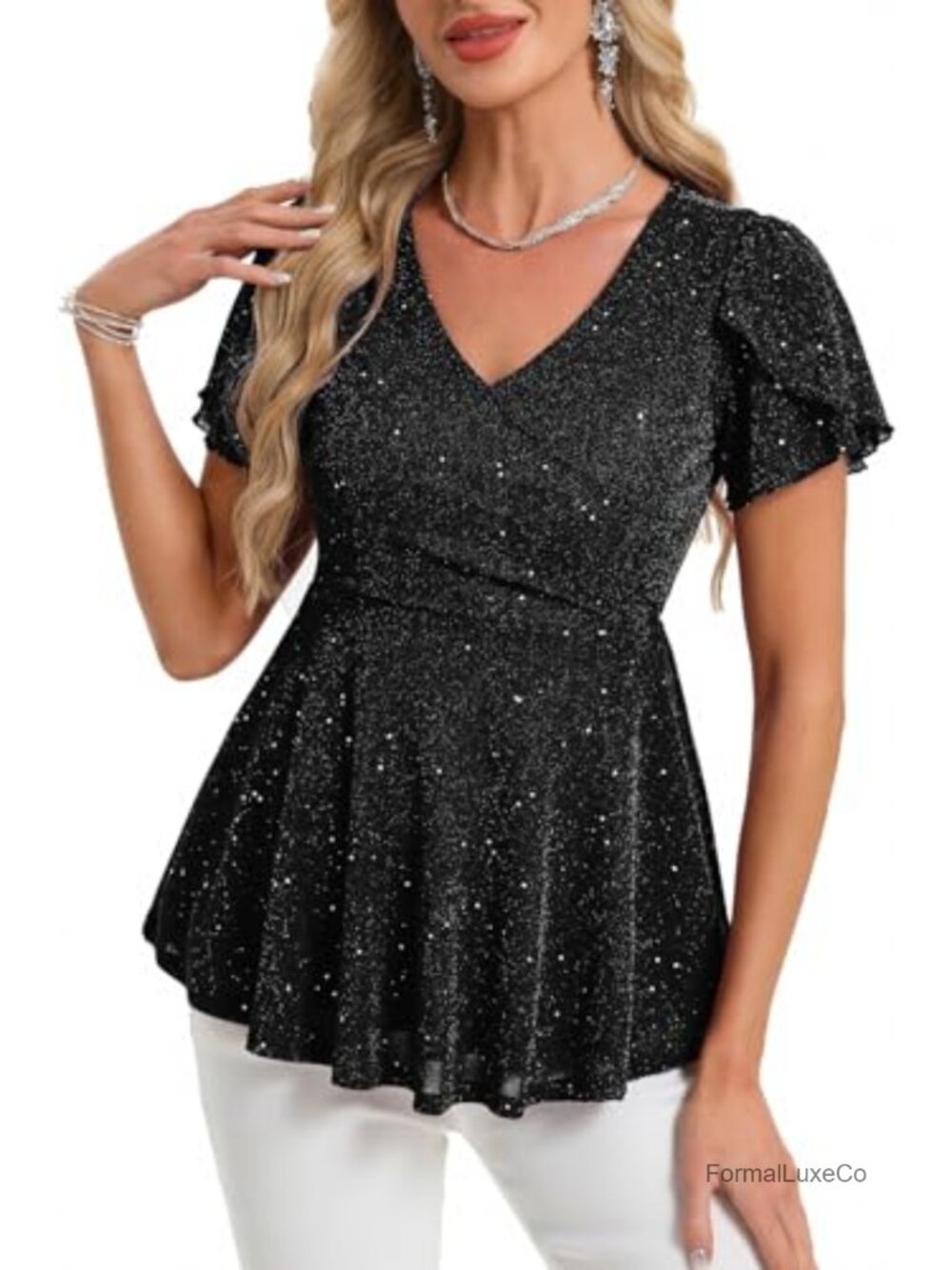 Sparkly Glitter Sequin Peplum Wrap Blouse V-Neck Party Top